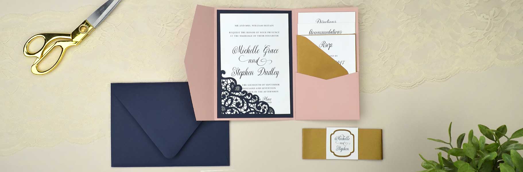 Complete Wedding Invites with Navy Pocket Invitation Elegant Traditional Script Font Belly Band and Medallion Tag RSVP Card Envelopes